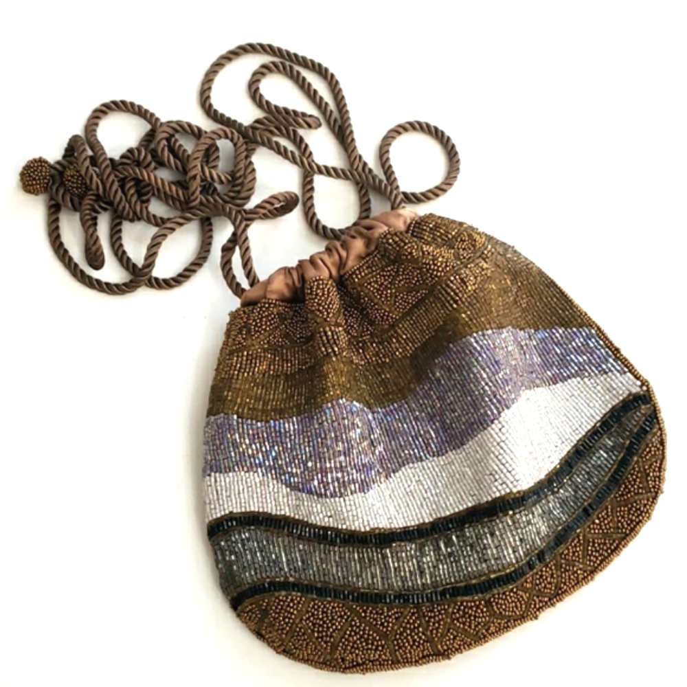 Beaded Drawstring Cross body Corded Brown/Lavender/White Purse